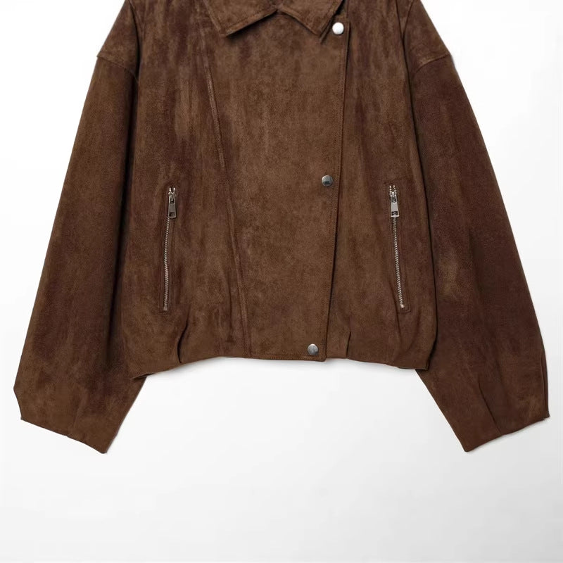 Damen nan kastige Cropped-Bikerjacke aus Wildlederimitat mit Schulterklappen und Reißverschlusstaschen Drune
