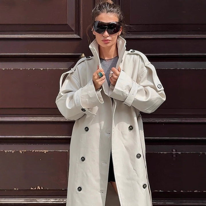 Damen tailloser Long-Trenchcoat im Oversize-Schnitt mit doppelter Knopfleiste und Schulterklappen Drune