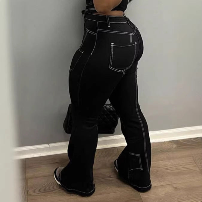 Damen High-Waist Flared-Jeans mit Kontrastnähten und Cargo‑Einsätzen Drune