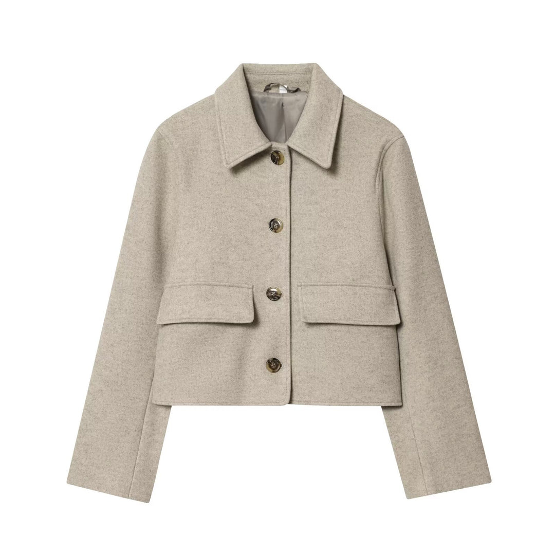 Damen Kurzer boxy Wollblouson mit Hemdkragen und Pattentaschen Drune