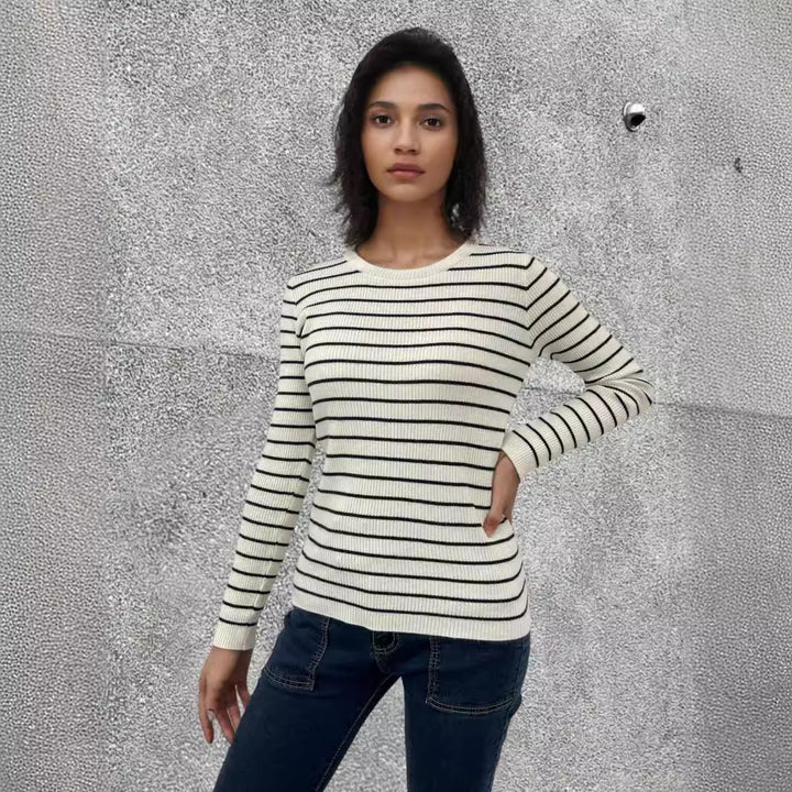 Damen Rippstrickpullover mit Streifenmuster und langen Ärmeln Drune
