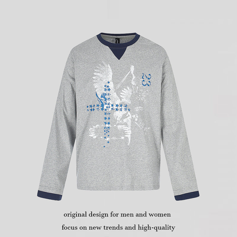 Herren Baumwoll-Langarmshirt Sweatshirt mit Adler-Print und Kontrastbündchen Drune