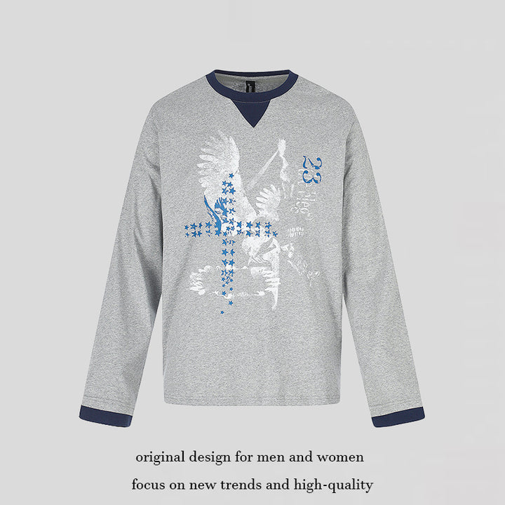 Herren Baumwoll-Langarmshirt Sweatshirt mit Adler-Print und Kontrastbündchen Drune