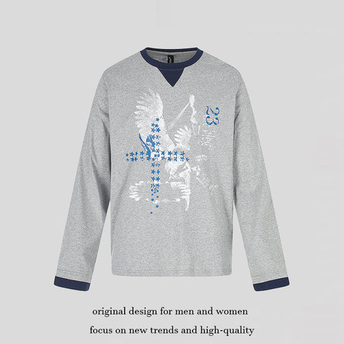 Herren Baumwoll-Langarmshirt Sweatshirt mit Adler-Print und Kontrastbündchen Drune