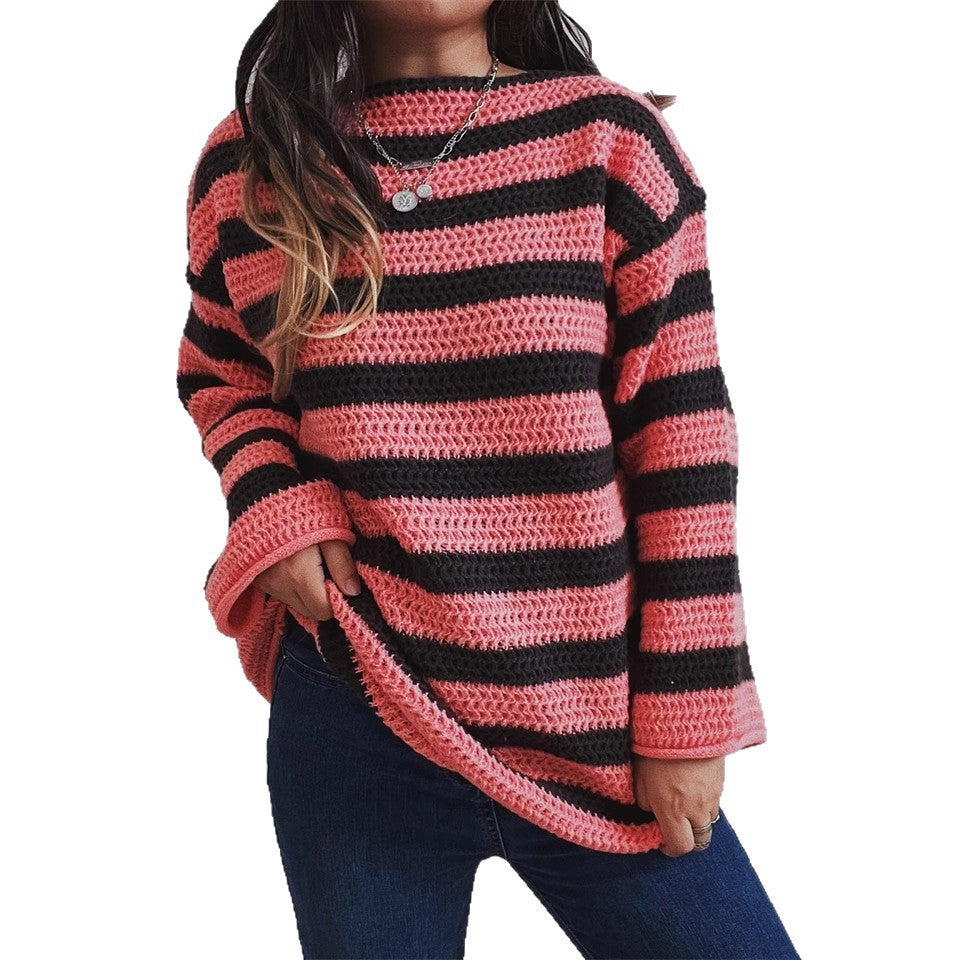 Damen gestrickter Oversized-Pullover mit breitem Streifenmuster Drune