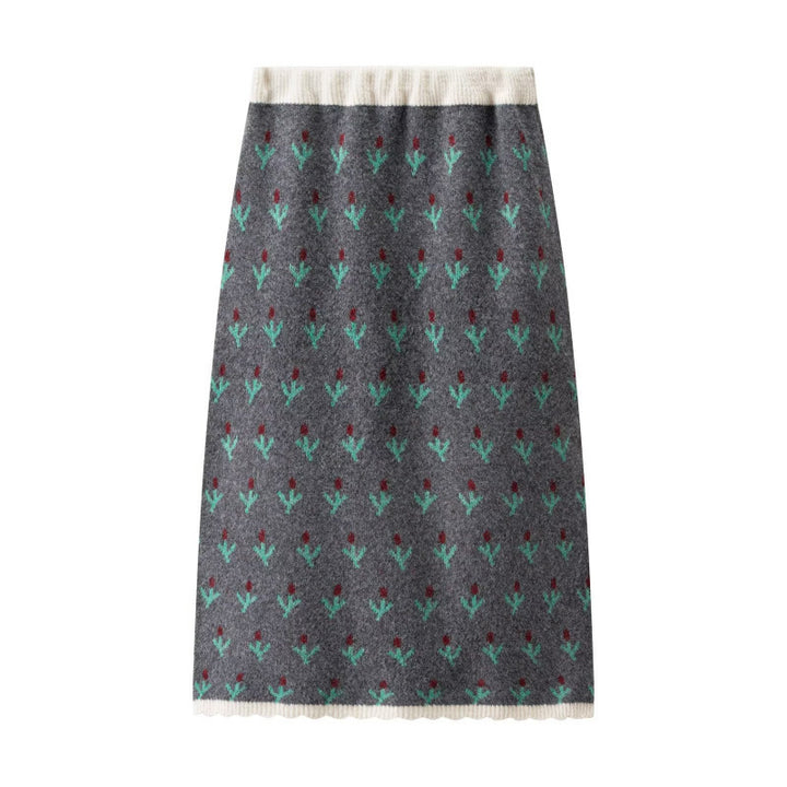 Damen Zweiteiliges Strickset mit gemustertem Cardigan, Pomponbändern und Midirock Drune
