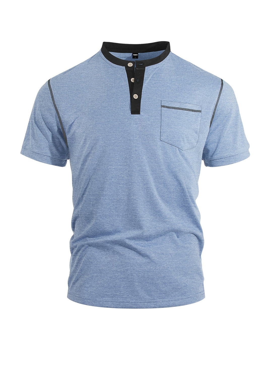 Herren nan legeres Kurzarm-Bandkragenshirt mit Knopfleiste Brusttasche und Flatlocknähten Drune