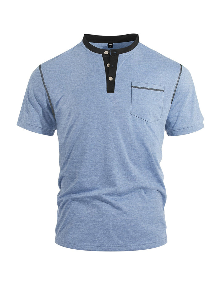 Herren nan legeres Kurzarm-Bandkragenshirt mit Knopfleiste Brusttasche und Flatlocknähten Drune