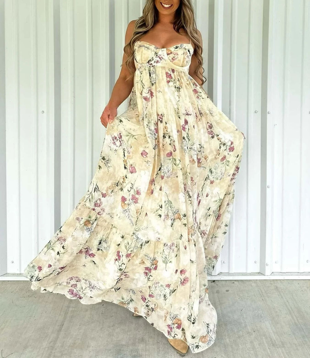 Damen nan trägerloses Korsagen-Maxikleid mit Herzausschnitt, gestuftem Volantrock und nostalgischem Toilemotiv Drune
