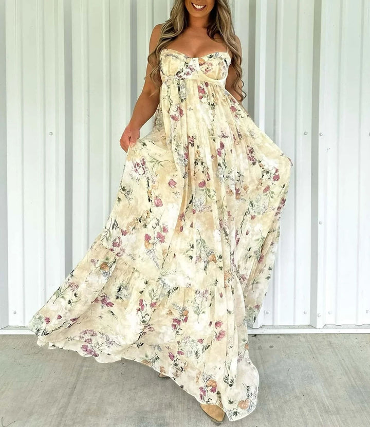 Damen nan trägerloses Korsagen-Maxikleid mit Herzausschnitt, gestuftem Volantrock und nostalgischem Toilemotiv Drune