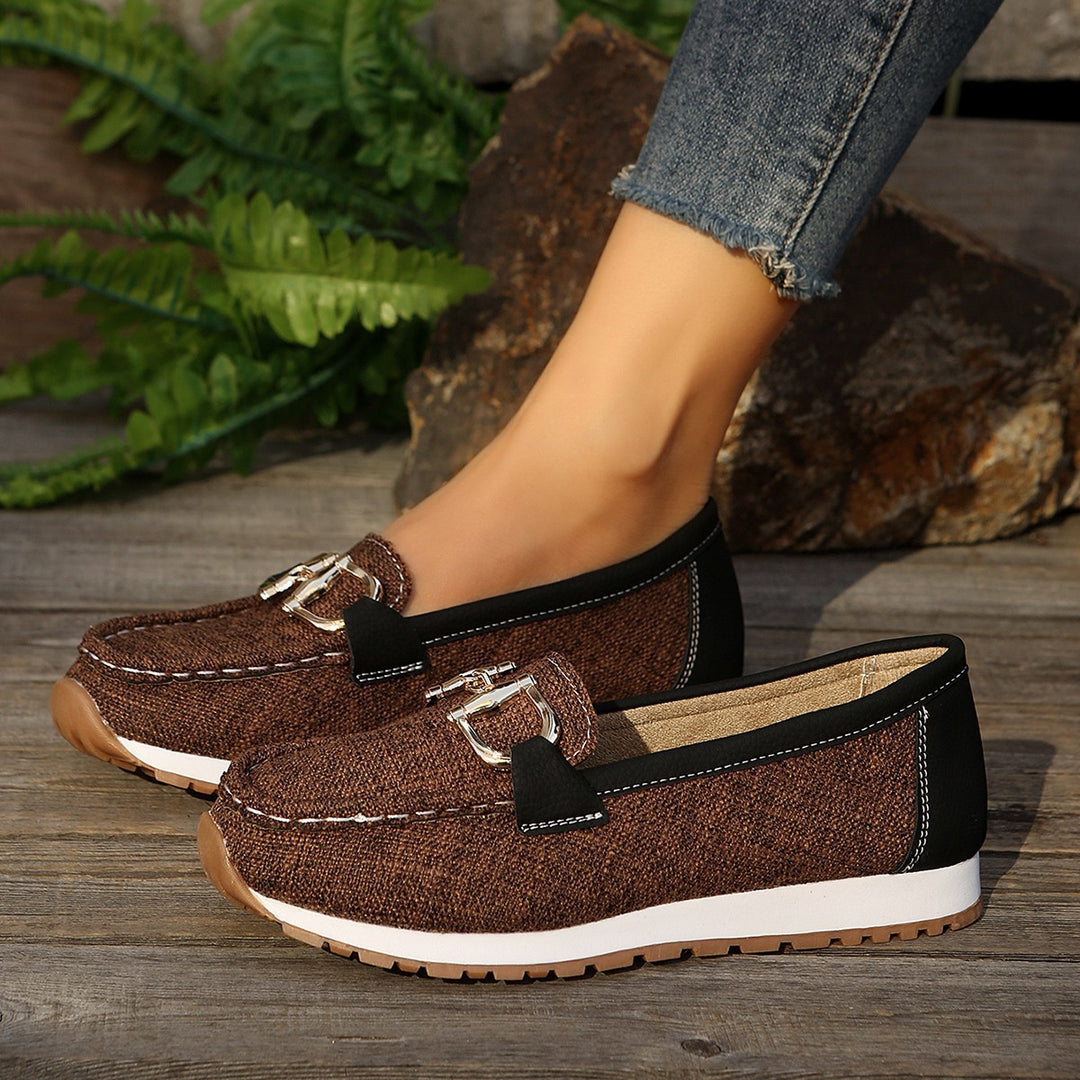 Damen  lässige Mokassin-Slipper mit dekorativer Metallschnalle, gepolsterter Innensohle und profilierter Gummilaufsohle Drune