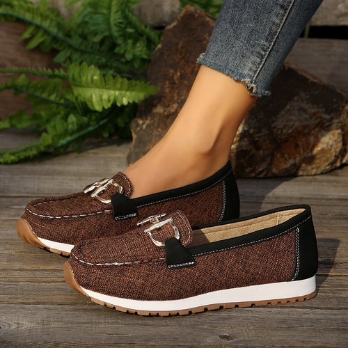 Damen  lässige Mokassin-Slipper mit dekorativer Metallschnalle, gepolsterter Innensohle und profilierter Gummilaufsohle Drune