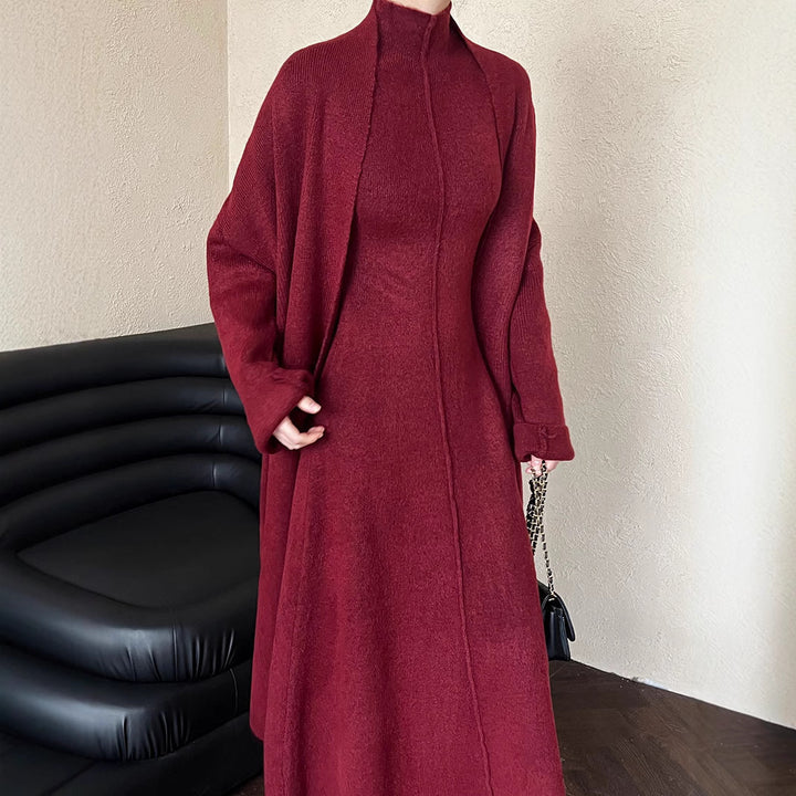 Damen Maxikleid mit hohem Kragen und überschnittenen Ärmeln Drune