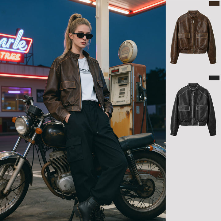 Damen Trendige Bikerjacke mit Stehkragen Drune