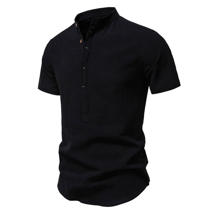 Herren nan lässiges Kurzarmshirt mit Stehkragen, halber Knopfleiste und leicht strukturierter Baumwoll-Leinen-Qualität Drune
