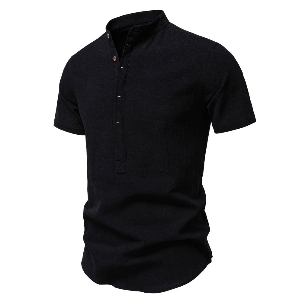 Herren nan lässiges Kurzarmshirt mit Stehkragen, halber Knopfleiste und leicht strukturierter Baumwoll-Leinen-Qualität Drune