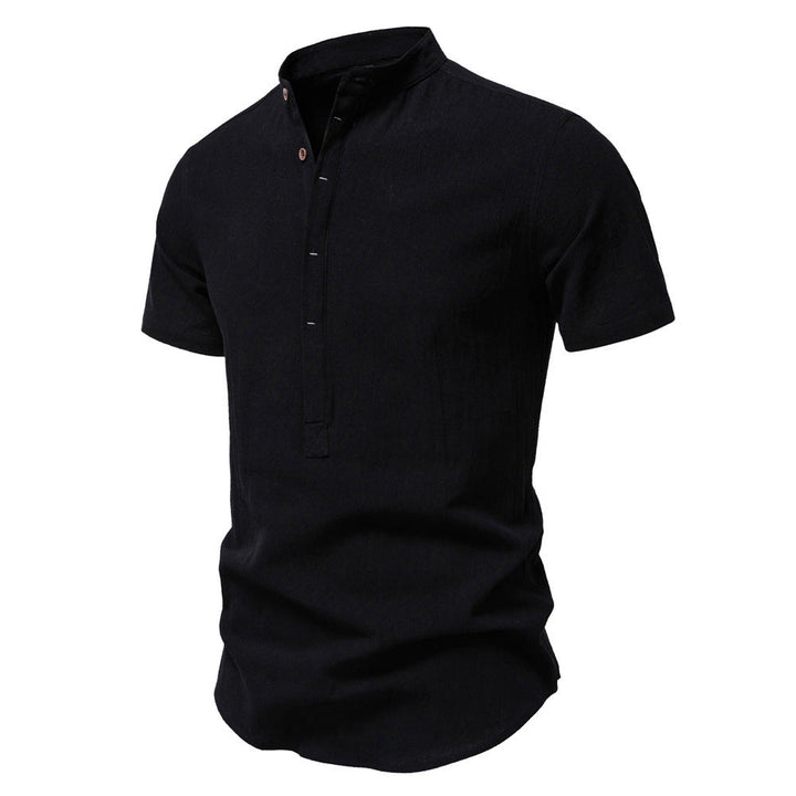 Herren nan lässiges Kurzarmshirt mit Stehkragen, halber Knopfleiste und leicht strukturierter Baumwoll-Leinen-Qualität Drune