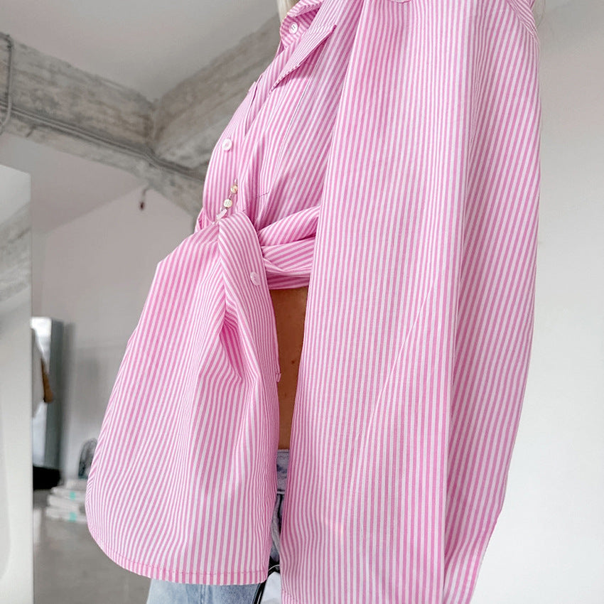 Damen gestreifte Oversized-Hemdbluse mit Brusttasche und lässigem Schnitt Drune