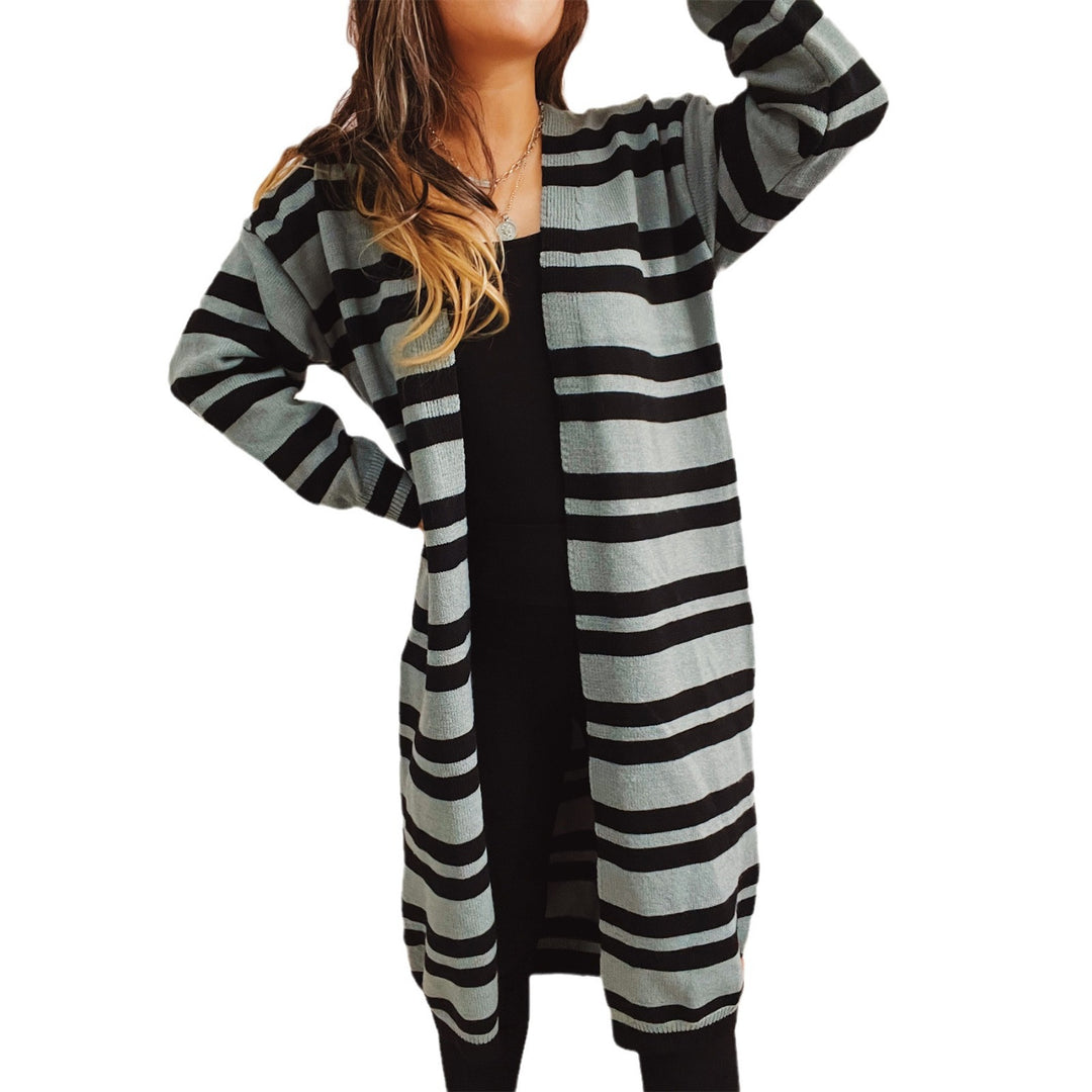 Damen lange gestreifte Strickjacke mit offenem Schnitt Drune