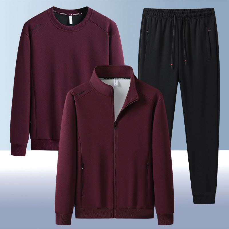[Herren] Zweiteiliges Trainingsset mit Stehkragen-Zipjacke, Rundhals‑Sweatshirt und konisch geschnittener Jogginghose aus atmungsaktivem Fleece Drune