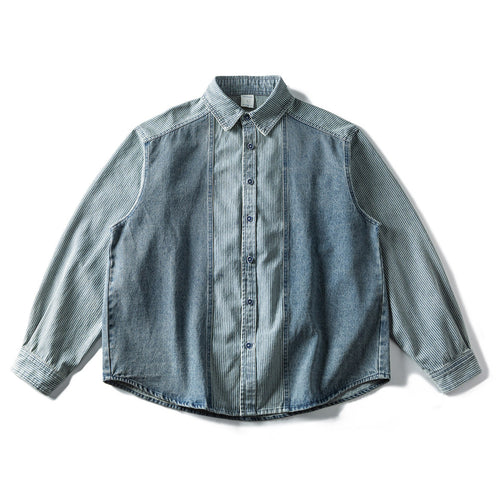 Herren Oversized Jeanshemd mit Kontrastpanels und Kentkragen Drune