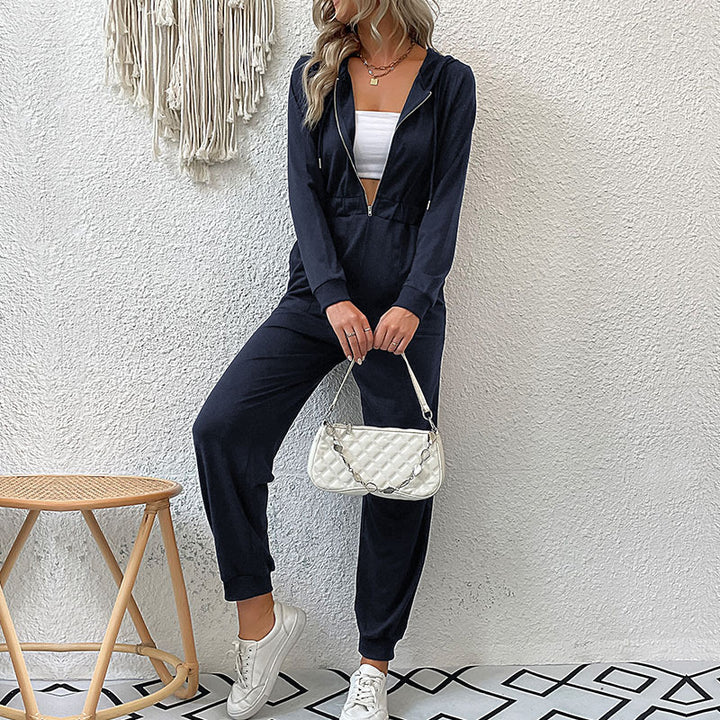 Damen Lässiger Jumpsuit-Overall mit Reißverschluss, elastischer Taille und Bündchen Drune