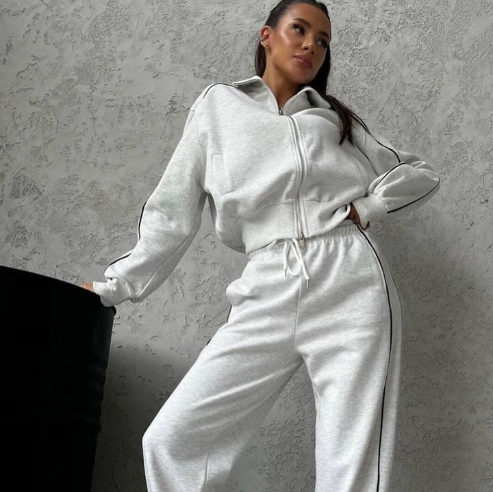 Damen lässiges Sweatset mit Stehkragen Reißverschluss gekürzter Jacke und hochtaillierter Schlaghose Drune