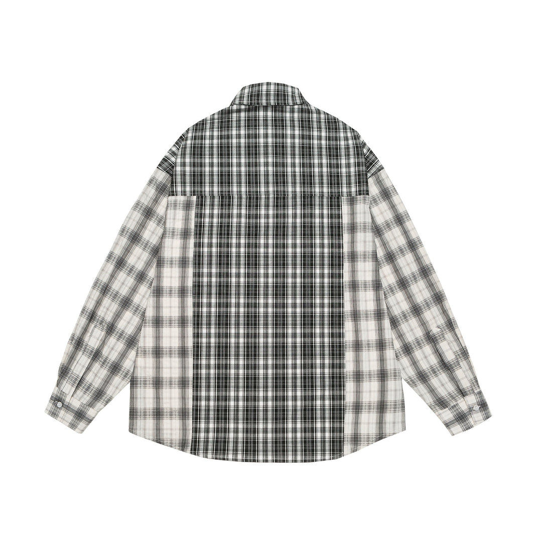 Unisex Oversized Hemdjacke mit Patchwork-Karomuster und abgerundetem Saum Drune