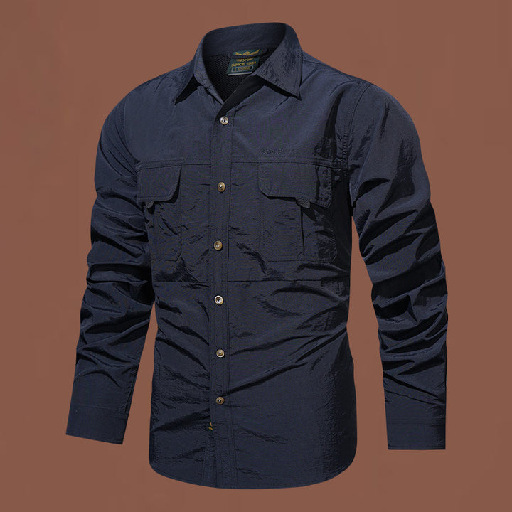 Herren nan leichtes funktionales Langarm-Utility-Hemd mit aufgesetzten Brusttaschen und atmungsaktivem Nylonmix Drune