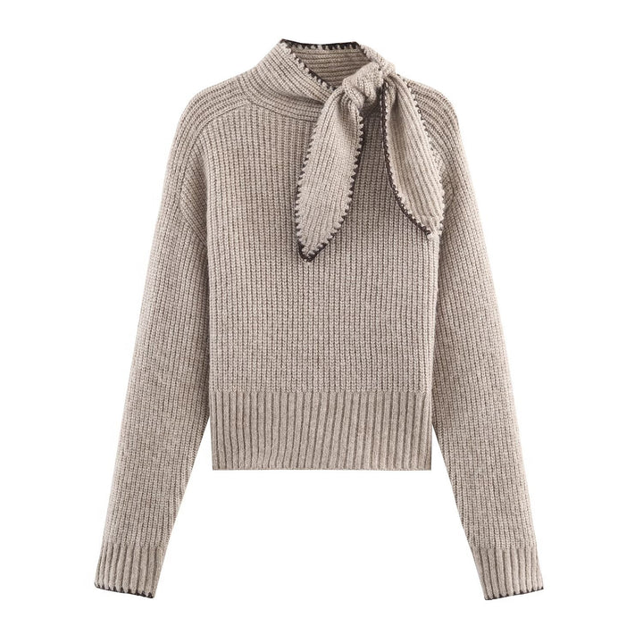 Damen Kurzgeschnittener Rippstrick-Pullover mit Hochkragen und integrierter Knoten-Schal Drune