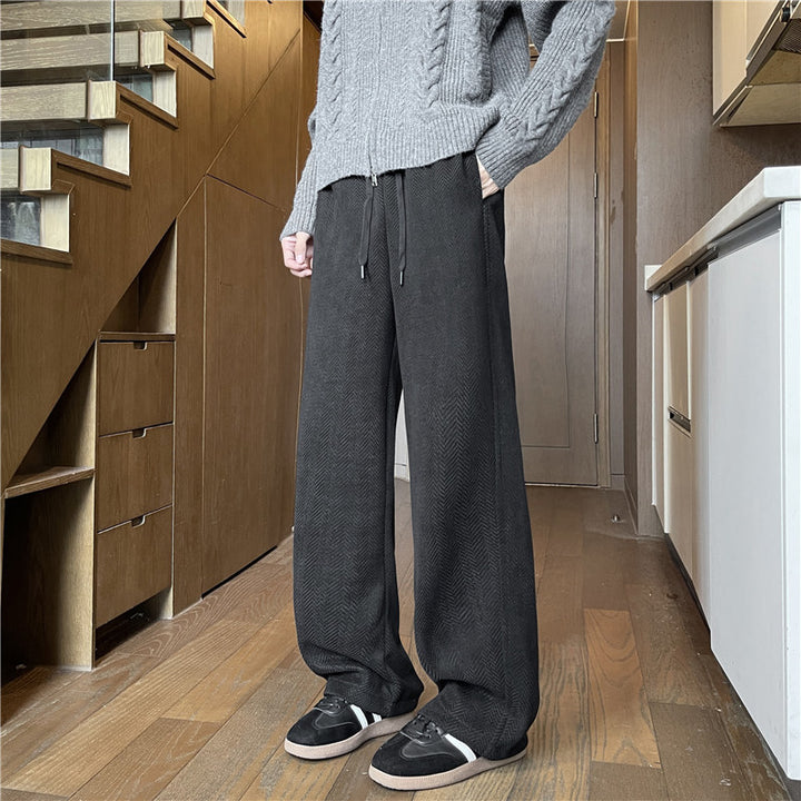 Herren Weit geschnittene Loungehose mit Fischgrätstruktur, elastischem Bund und Tunnelzug Drune