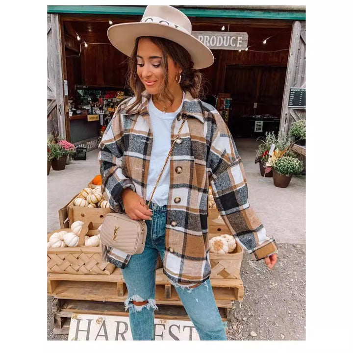 Damen Oversized Kariertes Flanell‑Shacket mit Brusttaschen und Holzknöpfen Drune