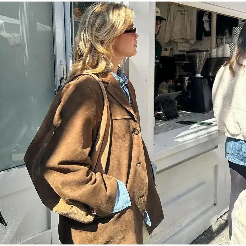 Damen lässige Wildlederjacke mit modernem Oversized-Schnitt und eleganten Details Drune