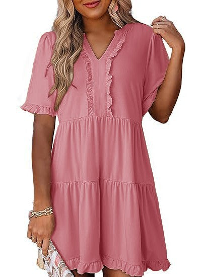 Damen nan leichtes Swingkleid mit V-Ausschnitt, gestufter Rockpartie und zarten Volants Drune
