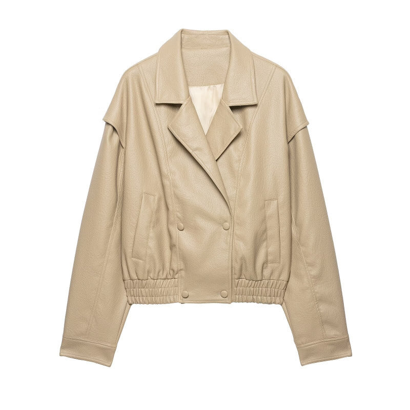Damen Cropped Lederimitat-Blouson mit doppelreihiger Knopfleiste, weitem Revers und elastischem Saum Drune