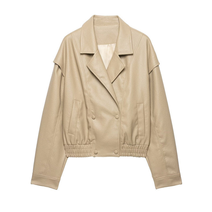 Damen Cropped Lederimitat-Blouson mit doppelreihiger Knopfleiste, weitem Revers und elastischem Saum Drune