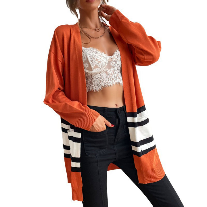 Damen Longline-Cardigan mit Kontraststreifen, aufgesetzten Taschen & Rippbündchen Drune
