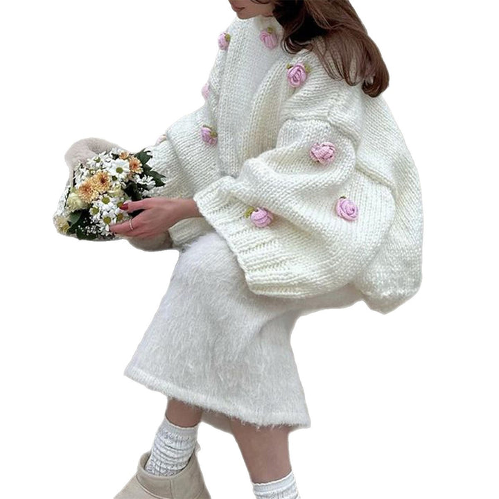 Damen nan Oversize-Strickpullover mit 3D-Blütenapplikationen und weiten Trompetenärmeln Drune