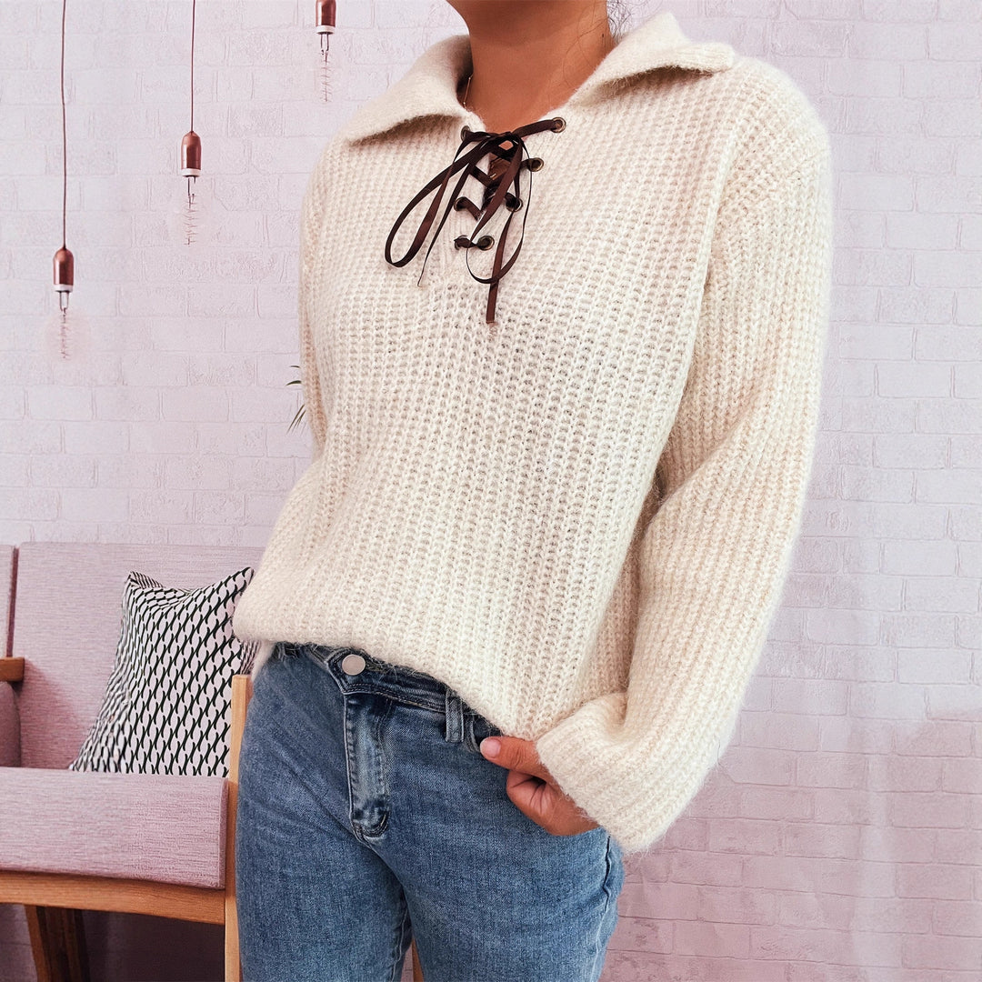 Damen lässiger Strickpullover mit dekorativem Schnürdetail und breiten Ärmel Drune