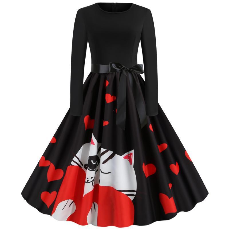 Damen Retro-Tellerkleid mit figurbetontem Oberteil, Satin-Taillengürtel und Katzen-Herz-Print Drune