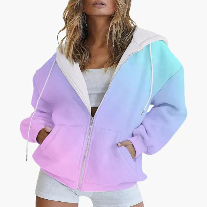 Damen Oversize-Kapuzenjacke mit Farbverlauf, Reißverschluss und Kängurutaschen Drune