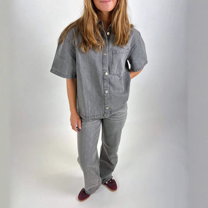 Damen Oversized Denim-Hemd mit kurzen Ärmeln und aufgesetzten Taschen Drune