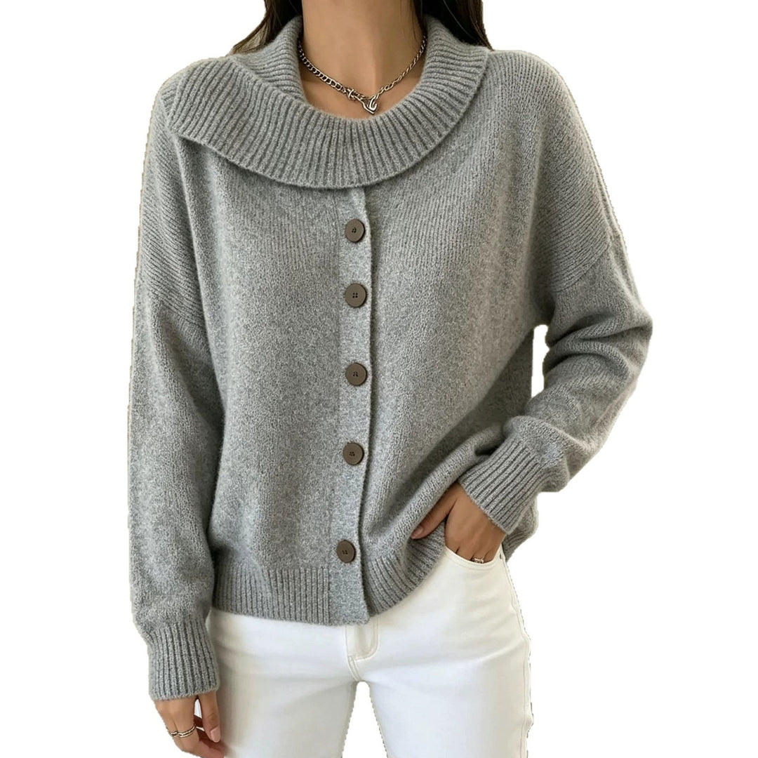 Damen Kuscheliger Knopf-Cardigan mit breitem Rollkragen und gerippten Bündchen Drune