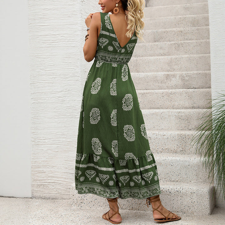 Damen Maxikleid mit V-Ausschnitt, tailliertem Bindegürtel und gestuftem Volant Saum Drune
