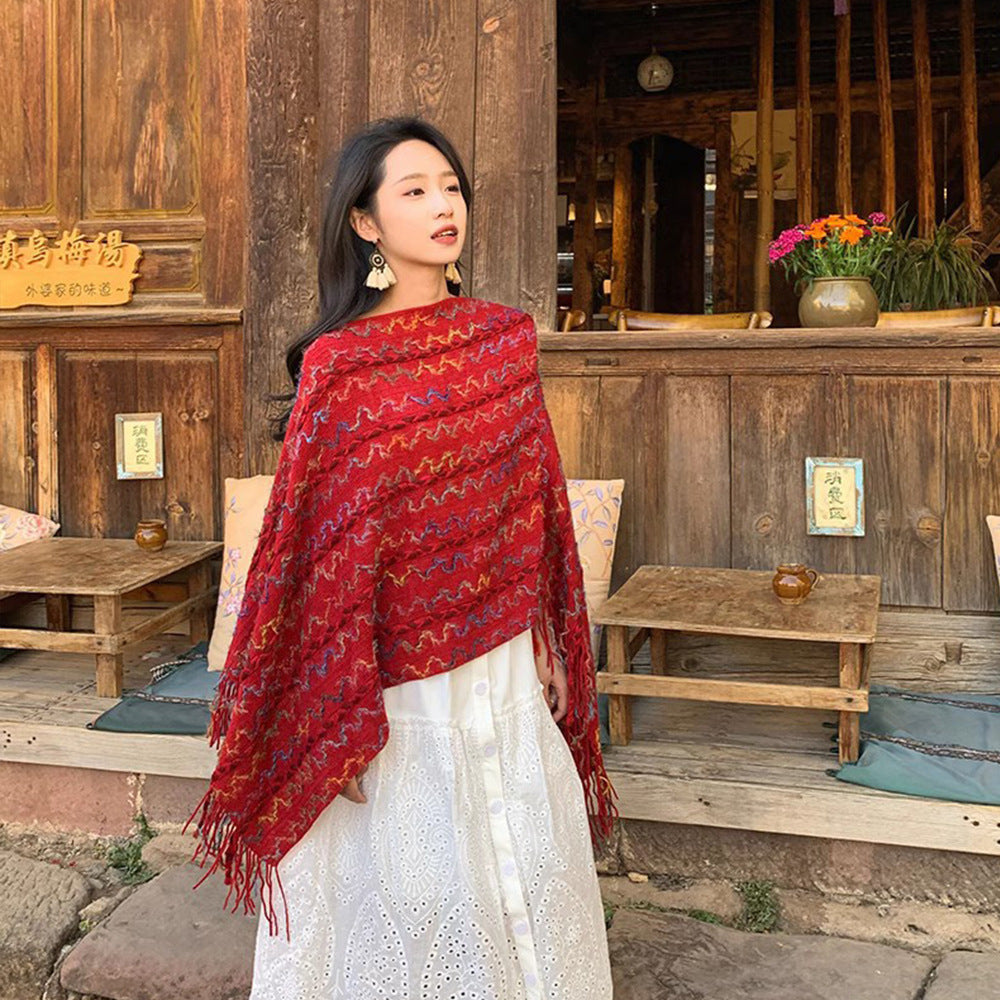 Damen Gestrickter V-Ausschnitt-Poncho mit Fransen und Strukturjacquard Drune