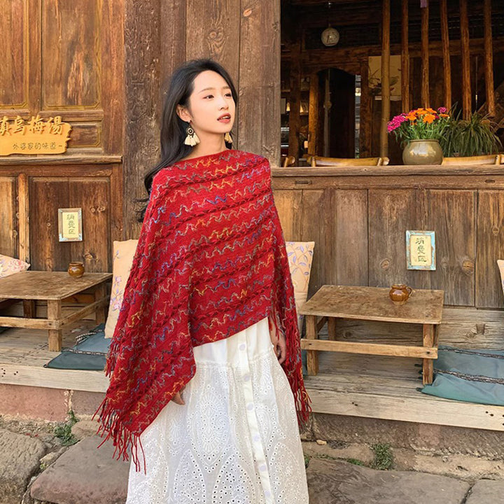 Damen Gestrickter V-Ausschnitt-Poncho mit Fransen und Strukturjacquard Drune