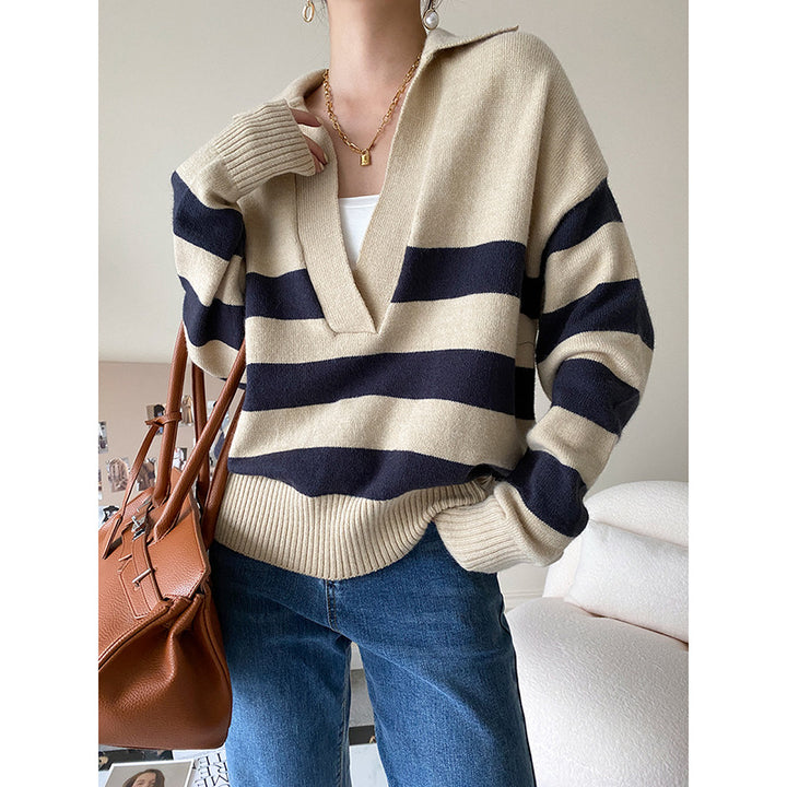 Damen Strickpullover mit V-Ausschnitt und Streifen Drune
