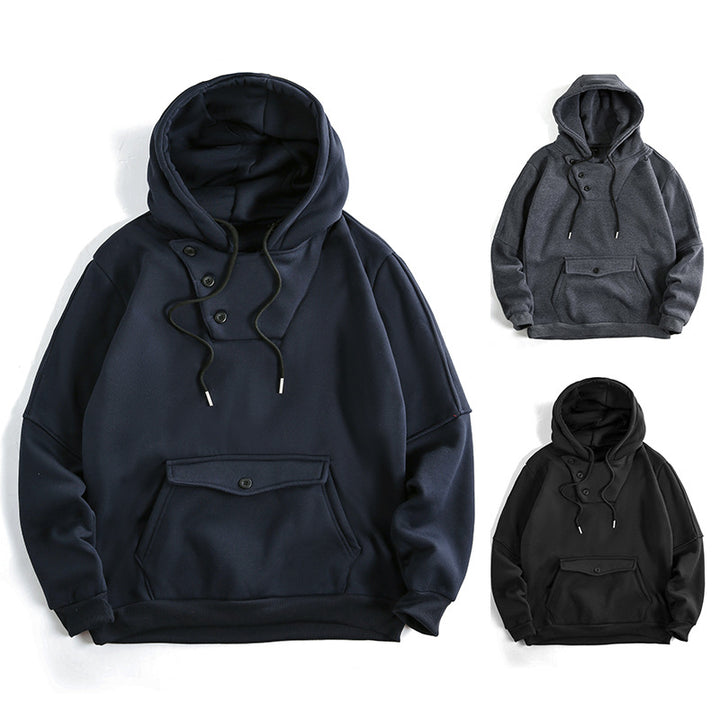 Herren Oversize Baumwoll-Fleece Kapuzenpullover mit asymmetrischer Knopfleiste und aufgesetzter Kängurutasche Drune