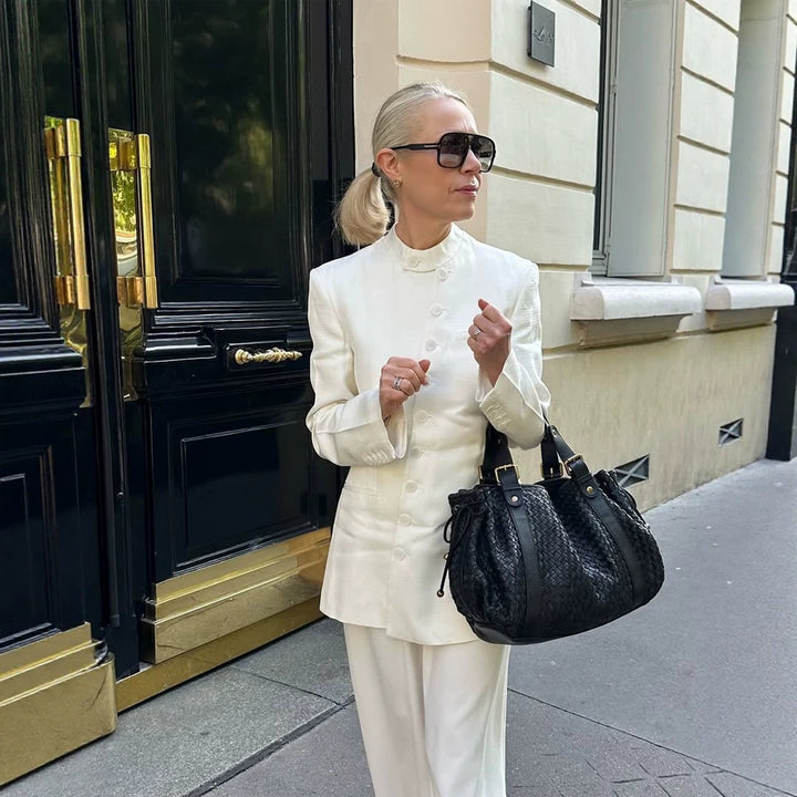 Damen taillierter langer Blazer mit Stehkragen, kastiger Schulter und verdeckter Knopfleiste Drune