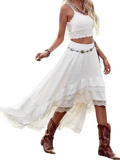 Damen Boho Maxi-Rock mit asymmetrischem Saum und Spitzenverzierungen Drune
